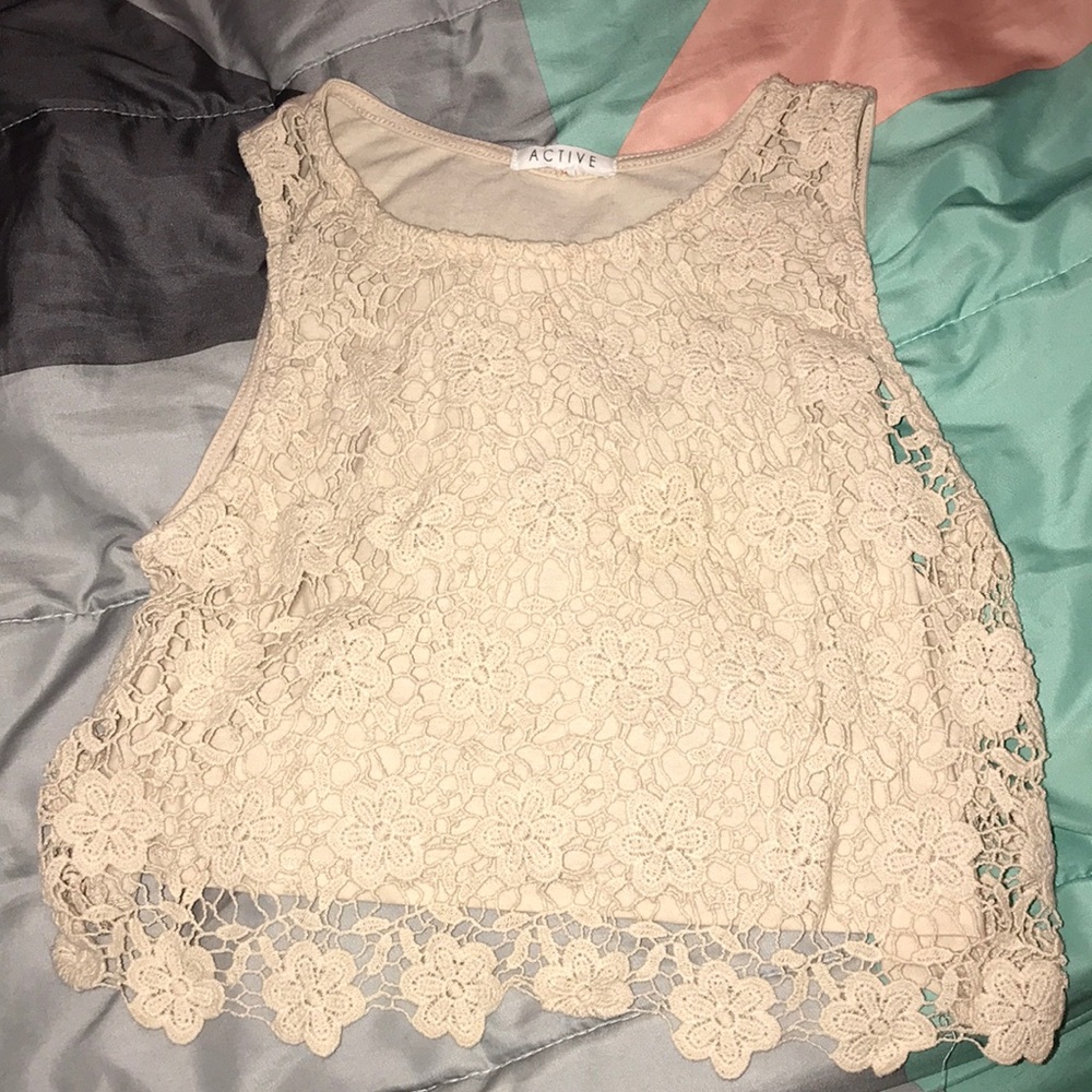 cream flowery shirt.